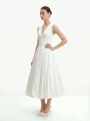 Front V-Neck Pleated Midi Dress - White