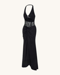 Ruched Lace Panel Maxi Dress - Black