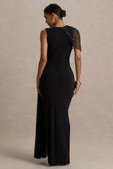 Brenda | Black Crew-Neck Maxi Dress With Mesh Cape And Sash