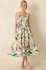 Prosperina Darcy Green & Pink Multi Floral Cotton Midi Dress