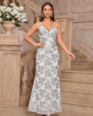 Glimmering Beauty Silver Sequin Sleeveless Column Maxi Dress