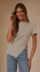 Tiarna Side Ruched Tee - Black/White Stripe