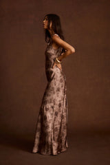 Orion Mocha Floral Satin Maxi Dress