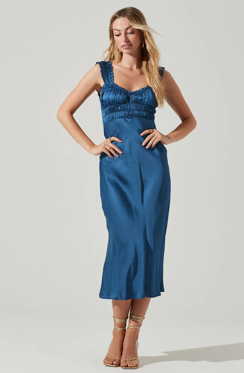 Enola Satin Smocked Midi Dress-Blue