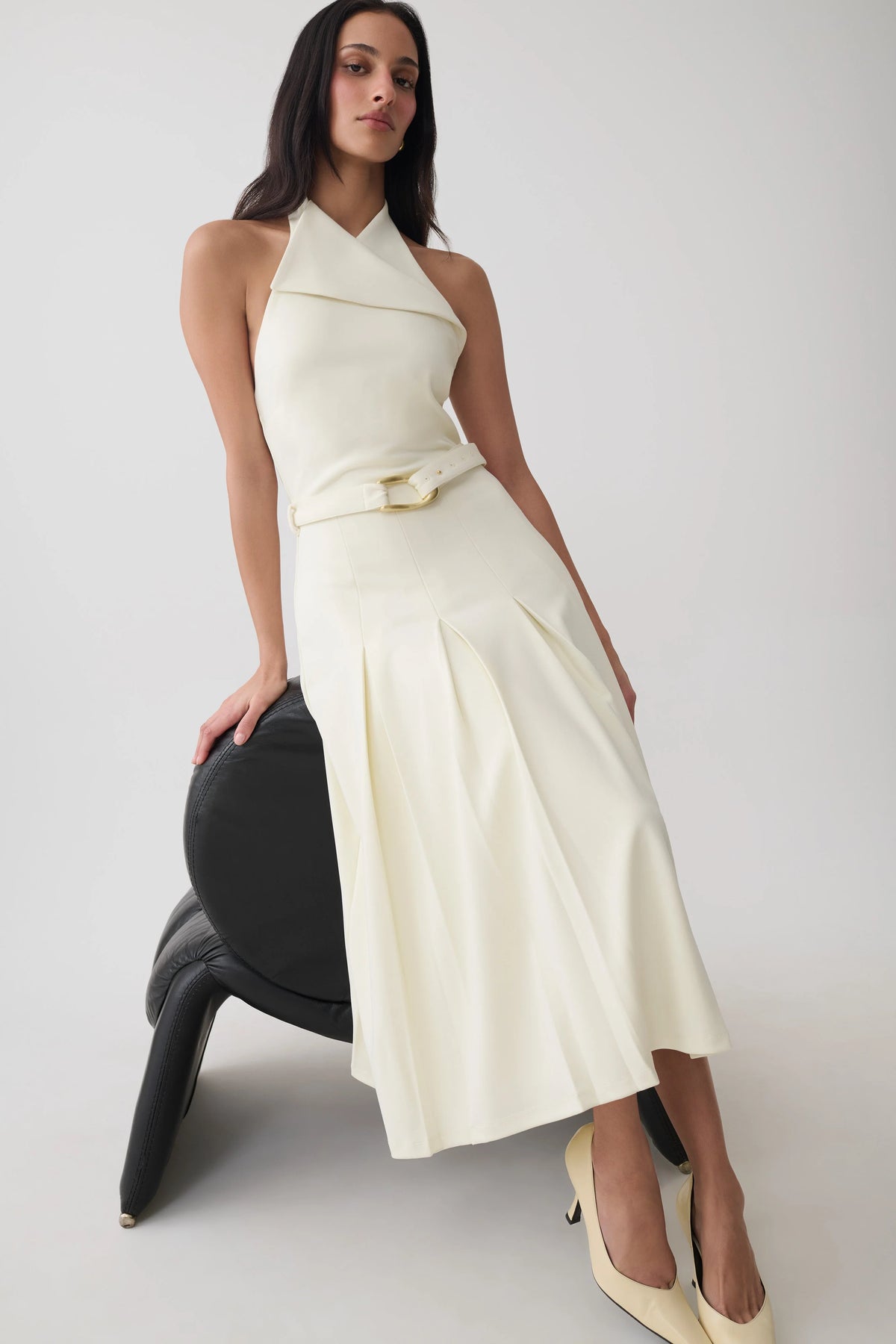 Alecto Crepe Halter Midi Dress With Belt - Ivory